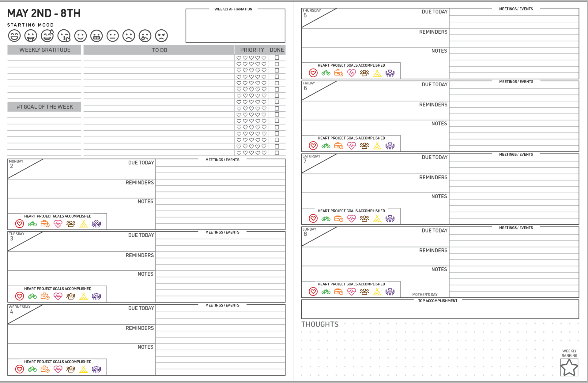 Inside the MY LIFE Planner — weekly spread with The Heart Project, Career, Fitness, Health, and Leisure sections