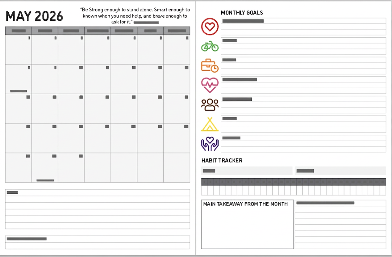 Monthly goals and habit tracker — page from the MY LIFE Planner 2026